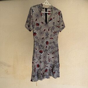 Angie Floral Midi Dress in Gray with Red Accents